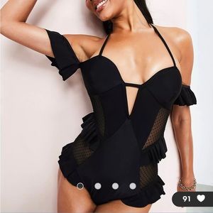 ASOS LUXE V-wire textured mesh swimsuit with ruffles in black